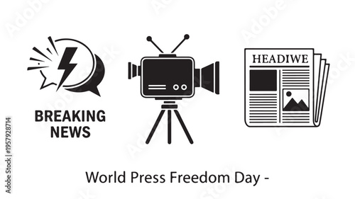 Breaking news icons in black and white flat design for World Press Freedom Day for journalism and media