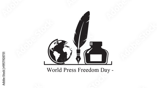 World Press Freedom Day logo with globe, feather quill and inkwell in black minimalist style for journalism and media
