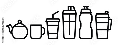 Collection of drinkware teapot, mug, disposable cup, shaker, water bottle, travel mug