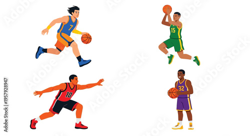 Four cartoon basketball players in action poses on a white background