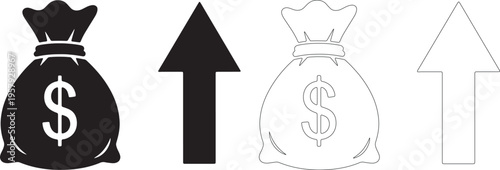 Black and white money bag with arrows dollar sign