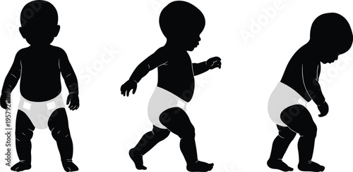 Baby silhouette set showing standing, walking and sitting toddler poses, infant growth stages, cute child isolated black silhouette collection