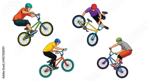 Four bmx riders performing tricks against a white background