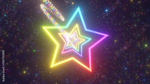 Flying In Neon Rainbow Glow Star Shape Twist Tunnel At Light Speed - 4K Seamless VJ Loop Motion Background Animation