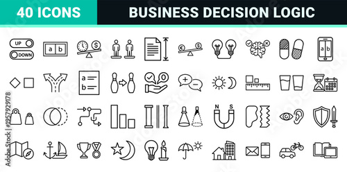Minimalist Monoline Compare Icons for Business Strategy and Decision Analysis Featuring Geometric Line Art for Data Evaluation Utility.