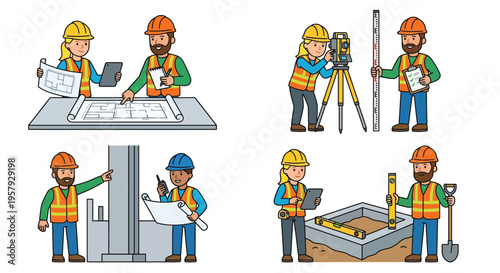 Construction workers collaborating on site plans and surveying land