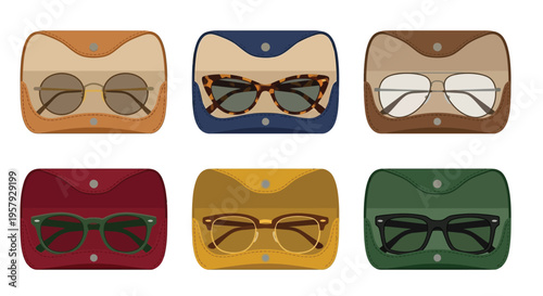 Six pairs of sunglasses displayed in colorful protective cases