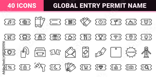 Minimalist Monoline Ticket Outline Symbols for Events, Cinema, and Travel Admission Apps with Geometric Precision and Uniform Stroke.