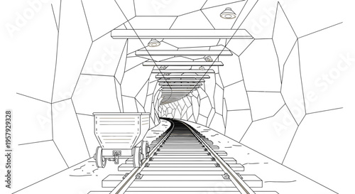 Underground Mine Shaft with Rail Tracks and Ore Cart