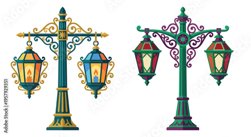 Two ornate vintage street lamps with illuminated lanterns are displayed