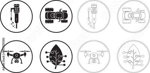 Black and white of drones cars and microchips in circles