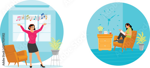 A contrast between enjoying music and relaxing with a book indoors