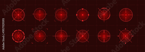 Crosshair Hud red. Sniper scope viewfinder. Radar and location Hud. Futuristic game combat interface with precision crosshair, target aim, and tech elements. Vector illustration.