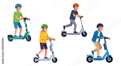 Four people riding electric scooters wearing helmets and casual clothing