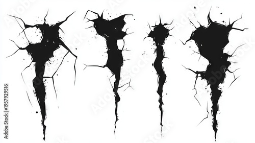 A set of black vector earthquake cracks and ground holes, ranging from thin, subtle fractures to a large, dark chasm, abstract destruction shapes for graphic design, isolated on white, clip art style.