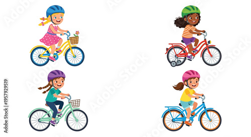 Four young girls happily riding colorful bicycles with baskets