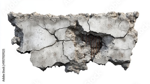 A hyper-realistic cracked concrete wall element, showing a deep fissure with crumbling edges, dust, and small debris, revealing rusted rebar inside the break, isolated on a white background for easy
