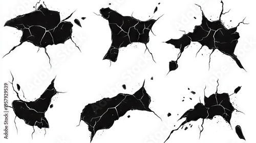 A set of black vector earthquake cracks and ground holes, ranging from thin, subtle fractures to a large, dark chasm, abstract destruction shapes for graphic design, isolated on white, clip art style.