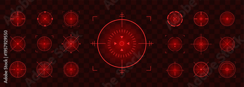 Crosshair Hud red. Tech Hud design with laser targeting, navigation panels, and glowing elements. UI Vector illustration.