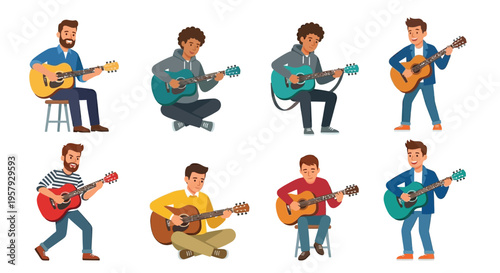 Diverse group of young men playing acoustic guitars in various poses
