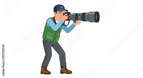 A male photographer intently taking pictures with a large camera