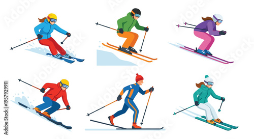 Diverse group of skiers in action showcasing winter sport enthusiasm