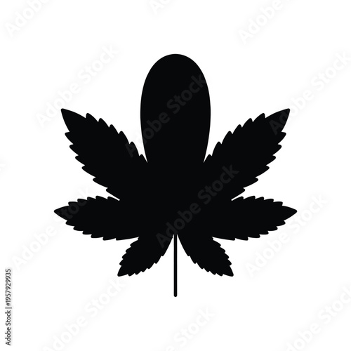 Silhouette of a cannabis leaf, black and white illustration, isolated on white background
