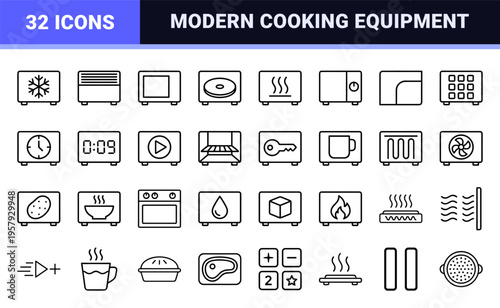Minimalist monoline microwave oven icon set featuring geometric line art silhouettes for modern kitchen appliance interface design.