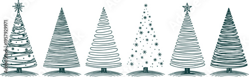Christmas tree line art collection featuring hand drawn spiral evergreen designs isolated on white background for holiday greeting cards and festive decoration