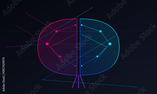 Vector brain hemisphere diagram with neon lines and nodes, neuroscience concept