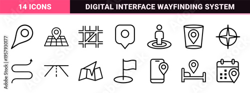 Global Navigation and Map Location Minimalist Monoline Geometric Line Art for Digital Interface Design and Wayfinding Systems