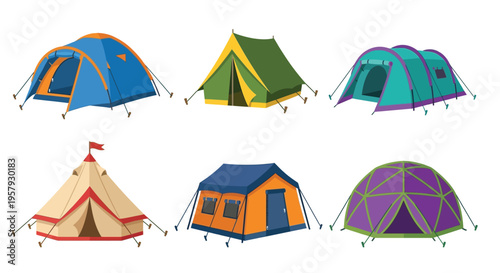 Colorful cartoon illustration of various camping tents and shelters