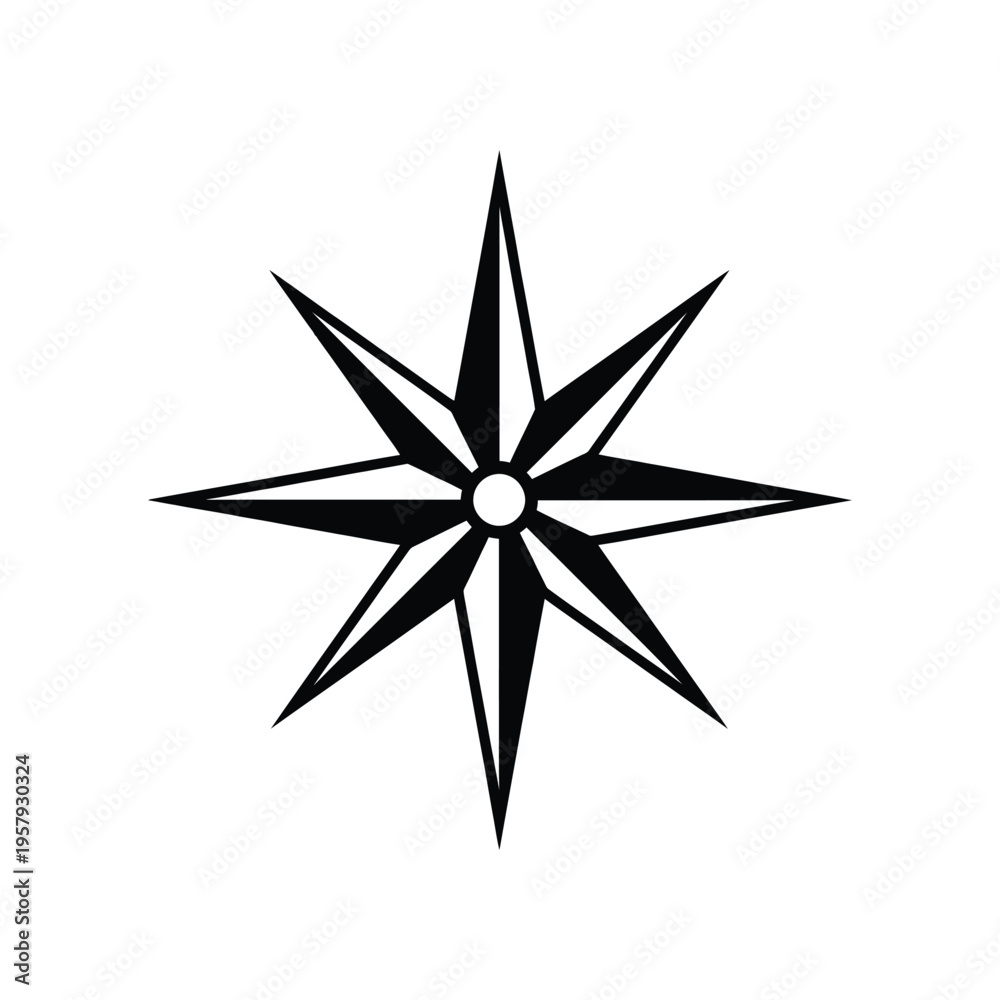Fototapeta premium Minimalist black compass star icon with eight symmetrical points radiating from a central dot
