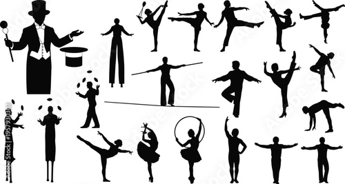 Circus performer silhouettes including magician acrobat tightrope walker juggler and dancers entertainment show artist collection isolated on white background vector illustration