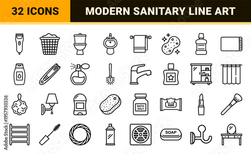 Personal Hygiene and Bathroom Essentials Minimalist Monoline Outline Icons featuring Geometric Line Art for Modern Interior UI Design.