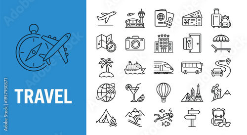 Travel icons airplanes landmarks and vacation essentials in line art