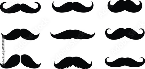 Mustache styles collection, vintage beard design set, hipster facial hair silhouettes, barber grooming elements, retro fashion icons, flat vector illustration