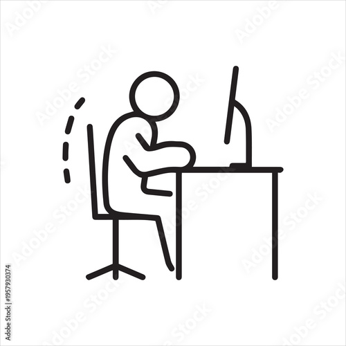 Incorrect sitting at the computer, linear icon. Person hunched over desk and close to monitor.. Line with editable stroke