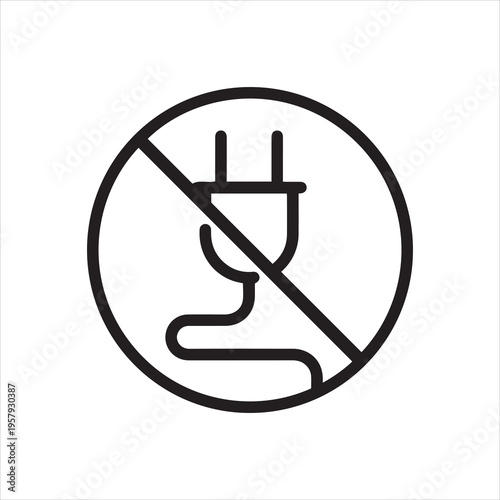 Plug crossed out, linear icon. No connection and wireless restriction. Line with editable stroke.