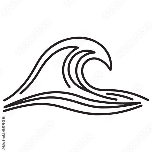 Minimalist ocean wave line art illustration featuring a curling breaking wave in a stylized motion, perfect for surf brand logos, summer graphic design, and modern tattoo inspiration.