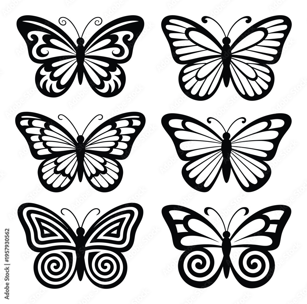 Fototapeta premium Butterfly Vector Illustrations Set Black Silhouette Designs