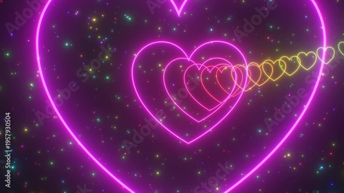 Flying Through Curved Retro Neon Glowing Love Heart Tunnel In Space - 4K Seamless VJ Loop Motion Background Animation