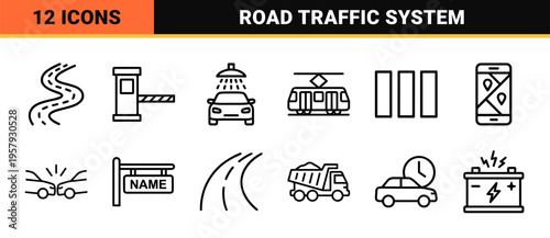 Urban Traffic and Transportation Management Navigation System Minimalist Geometric Outline Icon Set for Smart City Infrastructure Design
