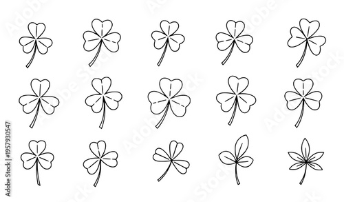 Hand Drawn Clover and Shamrock Line Art Icon Set Lucky Leaf Vector
