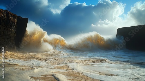 A dramatic wide-angle photo of a tombolo during high tide, with powerful ocean waves from both sides crashing over the narrow strip of sand, sending spray high into the air, with a dark, imposing