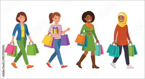 Diverse group of women cheerfully shopping with colorful bags