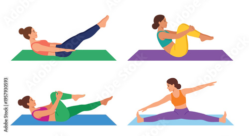 Four women demonstrating different yoga poses on exercise mats