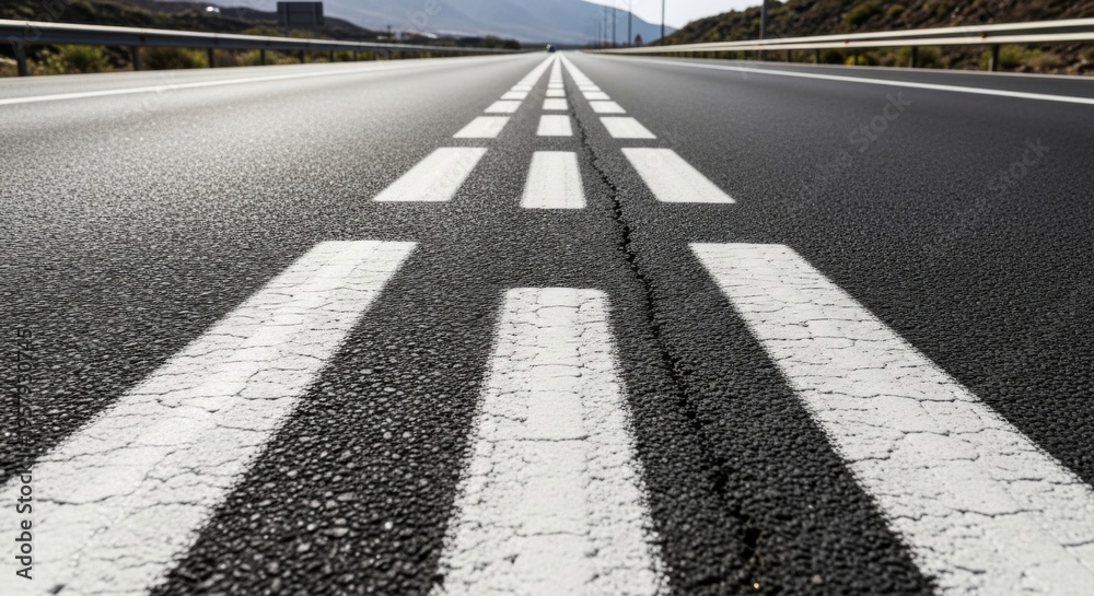 Fototapeta premium Straight Highway Lanes Leading Towards Distant Horizon With Cracked Asphalt
