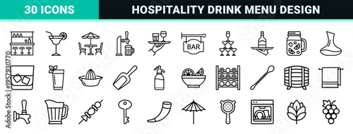 Hospitality Beverage and Bar Service Minimalist Monoline Icons featuring Geometric Glassware, Bottles, and Lounge Equipment Line Art