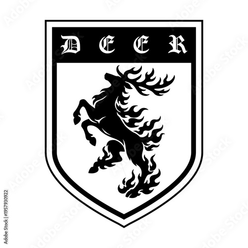 Flaming Deer Silhouette Heraldic Crest in Medieval Shield Emblem